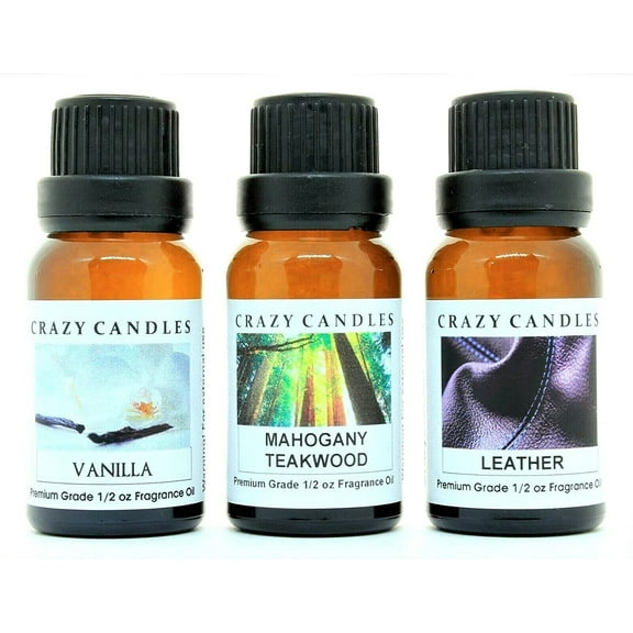 Crazy Candles 3 Bottles Set, 1 Leather, 1 Vanilla, 1 Mahogany Teakwood 1/2 Fl Oz Each (15ml) Premium Grade Scented Fragrance Oils Made in USA