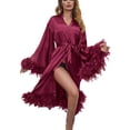thumbnail image 1 of Douhoow Women Feather Fur Robe Nightgown Bathrobe Sleepwear Satin Bridal Dressing Gown, 1 of 8