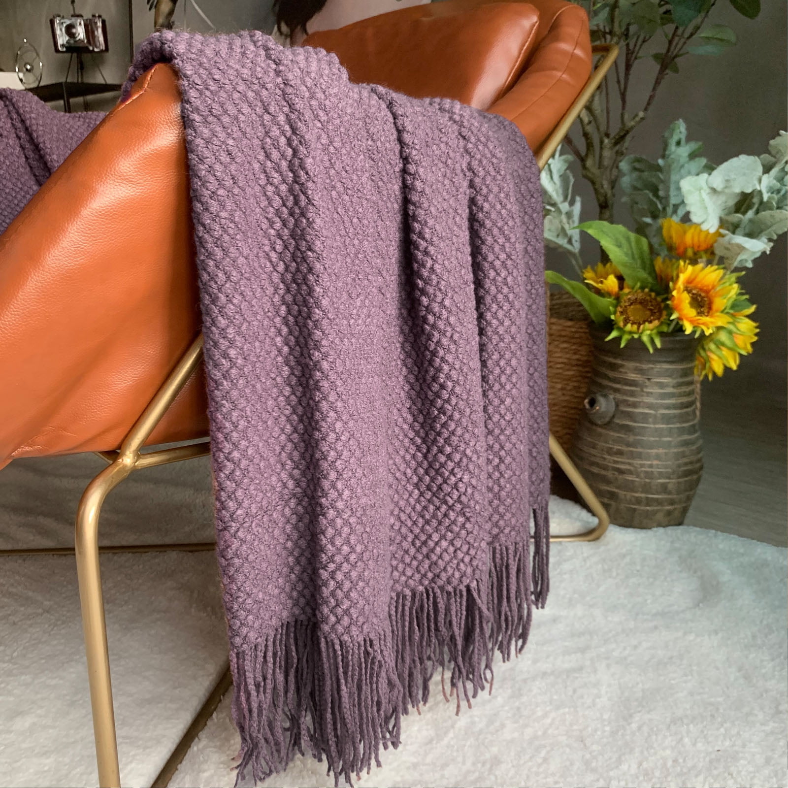 LOMAO Knitted Throw Blanket with Tassels Bubble Textured Lightweight Throws for Bed,Chair,Sofa,Living Room,Home Decor (Pale Lavendar,50*60 in)
