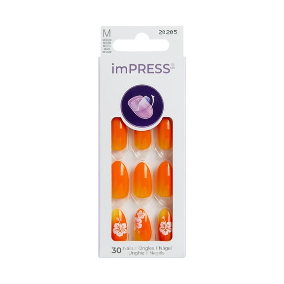 KISS imPRESS Design  Press on Nails, Splashy, Orange, Medium Almond, 30 Count