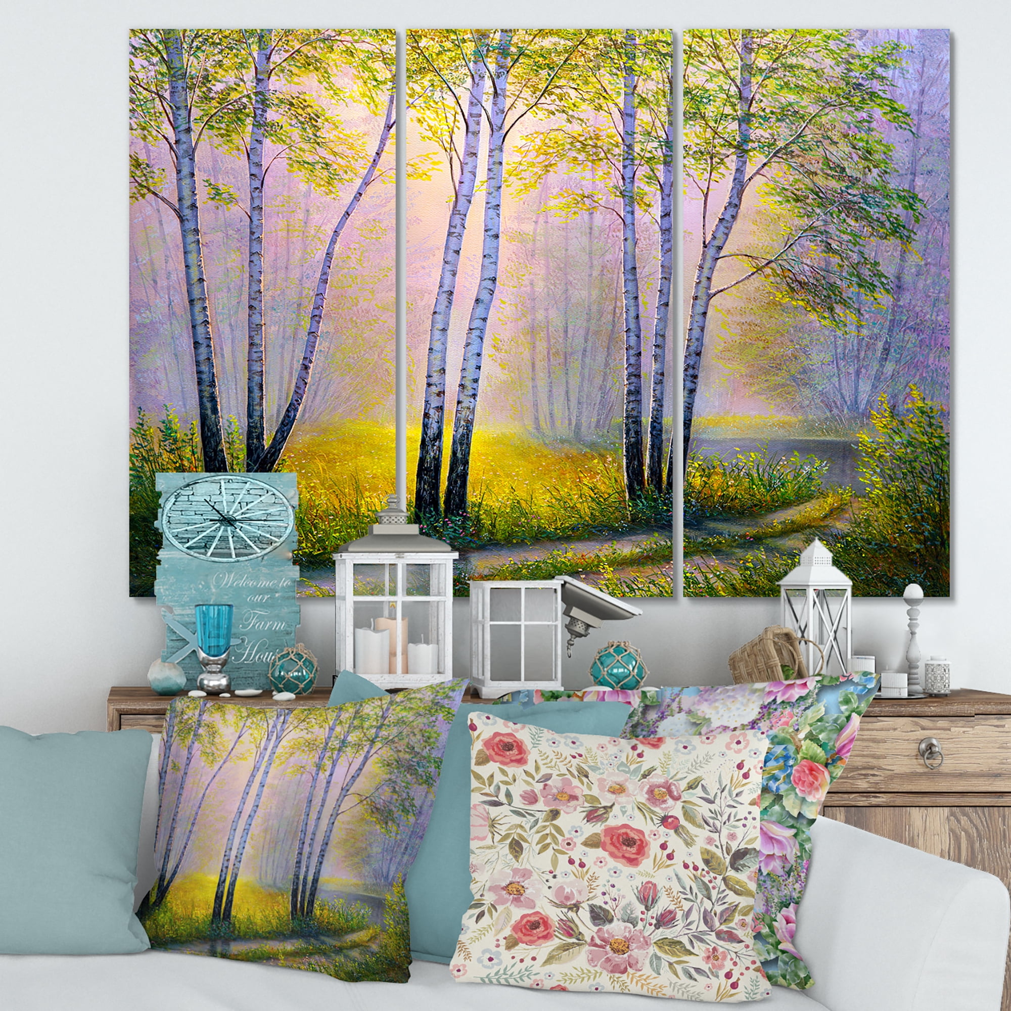 Designart ' Sunrise Glow Through The Birches I ' Traditional Canvas Wall Art Print