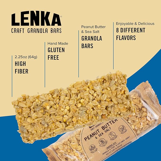 LENKA Handmade Craft Granola Bars - Peanut Butter with Sea Salt Gluten Free High Fiber - Sweet & Salty Chewy Granola Bar - 12 Pack