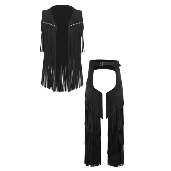 Sxiwei Halloween Cosplay Cowboy Outfit Set for Men Faux Suede Open Front Tassel Vest with Tiered Fringe Pants Black XXL