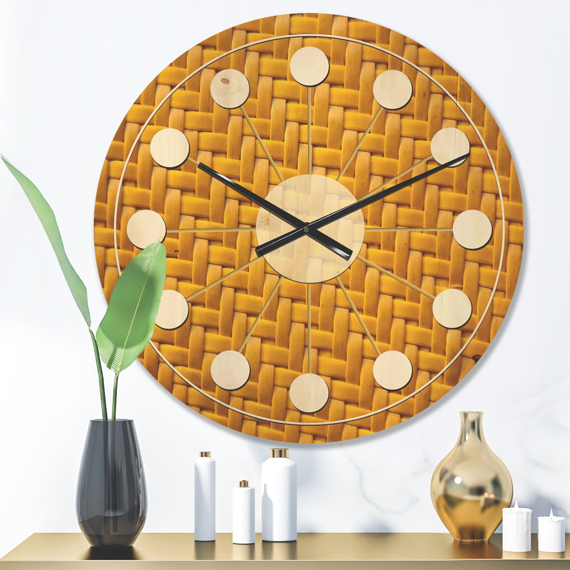 Designart 'Yellow Sedge texture background' Mid-Century Modern Wood Wall Clock