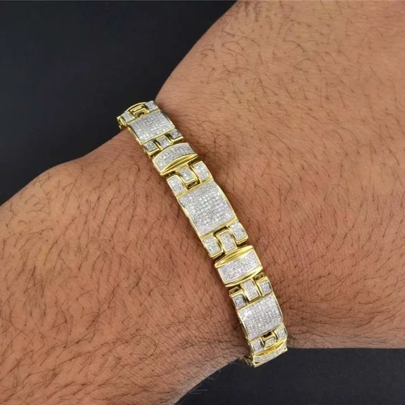 Bracelets Men's Link Gold Yellow 14K Plated Moissanite White Cut Round CT 7
