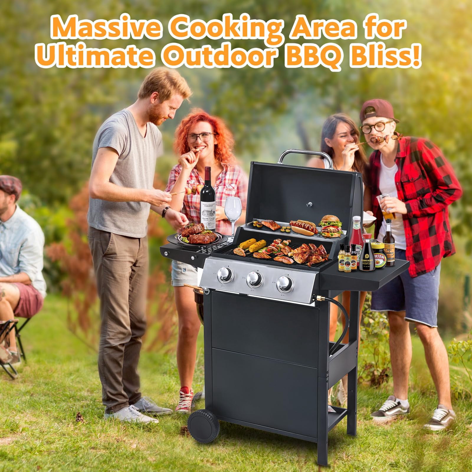 Highsound 3-Burner Propane Gas Grill, 25,650 BTU Stainless Steel BBQ Grill with Side Tables, Outdoor Portable Grill for Backyard & Camping, Black