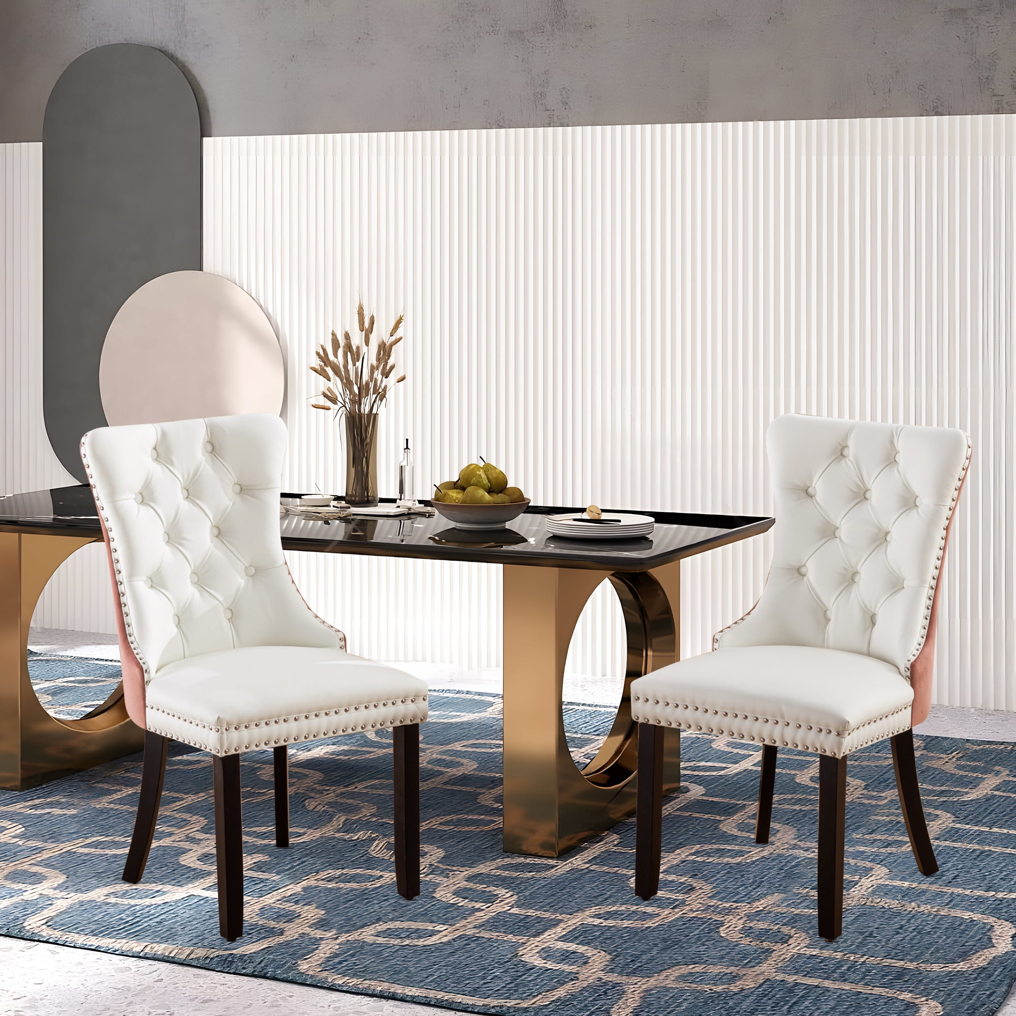 DONICK Velvet White Pink Upholstered Dining Chairs Set of 6, Kitchen & Dining Room Chairs Nailheads Tufted Soft Solid Wood Frame
