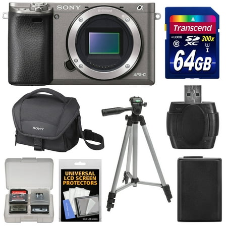 Sony Alpha A6000 Wi-Fi Digital Camera Body (Graphite) with 64GB Card + Case + Battery + Tripod + Kit