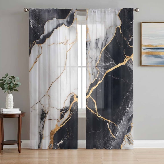 Marble Black Semi Sheer Window Curtains 72 Inches Long, Abstract Gold White Brick Stone Motif Rod Pocket Voile Silky Chiffon Curtain Light Filtering Drapes for Living Room, Kitchen, 52"x72", 2 Panels