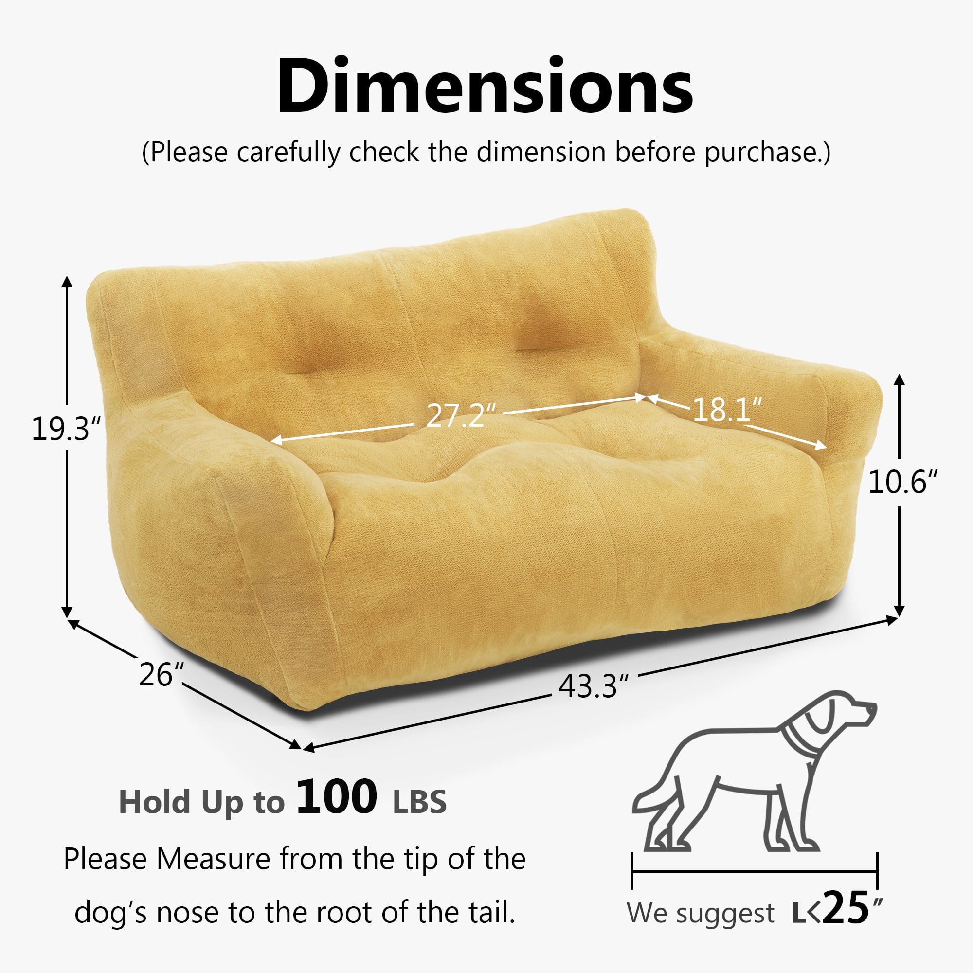 MCombo 43.3'' Large Pet Couch Dog Sofa Bed, Support up to 100lbs, No Assembly Need, Yellow