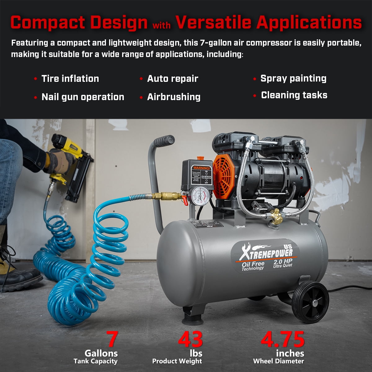 XtremepowerUS 7 Gallon Ultra Quiet Air Compressor, 2HP Oil-Free Air Compressor Tank, 65dB Air Compressor For Car Repair, Spray Painting, Woodwork Nailing, 110V/60hz