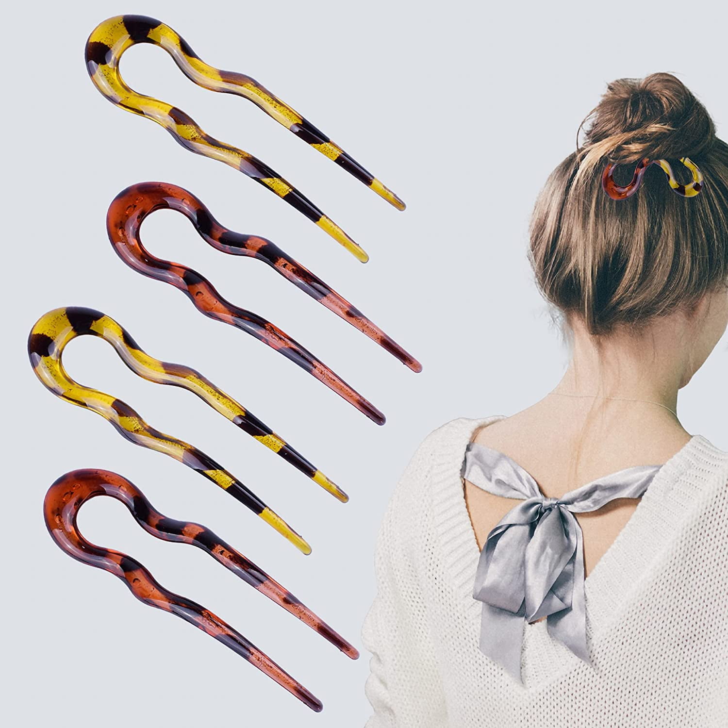 4 Pack French Twist Stick Hair Fork Sticks for Long Hair.U Shaped Hair