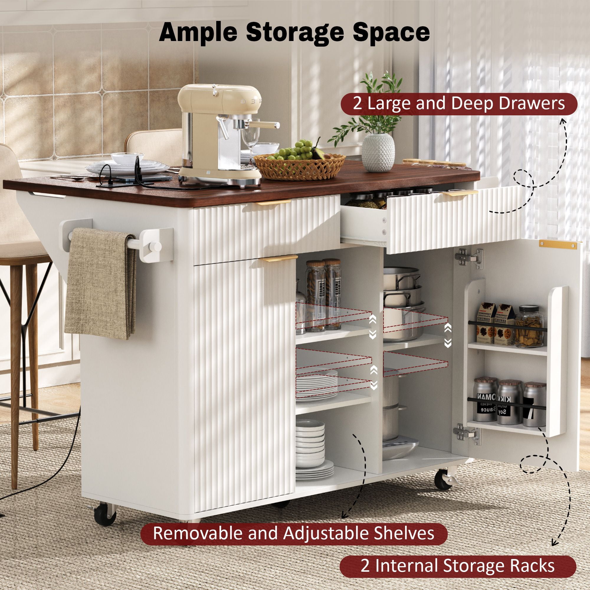 Alvantor 52" Fluted Kitchen Island with Drop Leaf, Power Outlet, Drawers, White