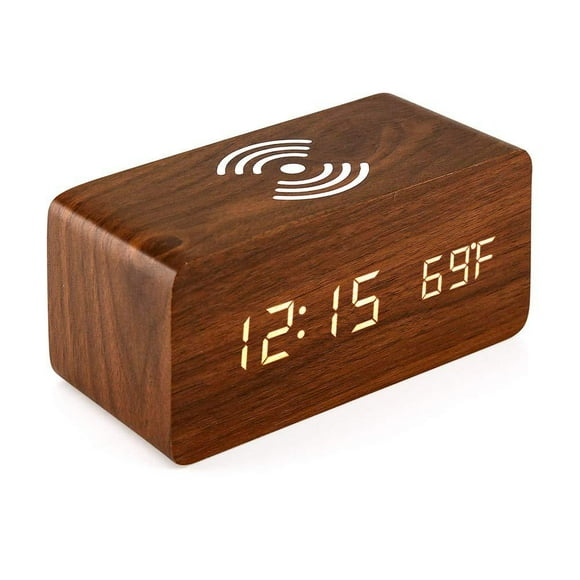 Alarm Clock with Qi Wireless Charging Pad Compatible with iPhone Wooden LED Digital Clock Sound Control Function, Time Date