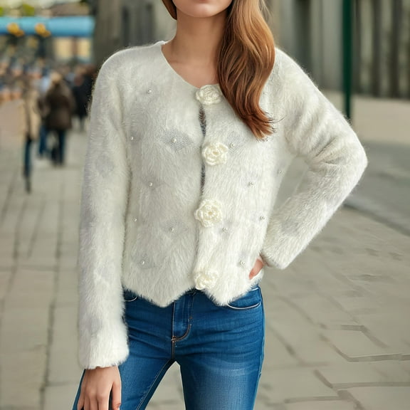PiGOGI Women's Long Sleeve V-Neck Soft Knit Cropped Sweater Top Casual Comfortable White S