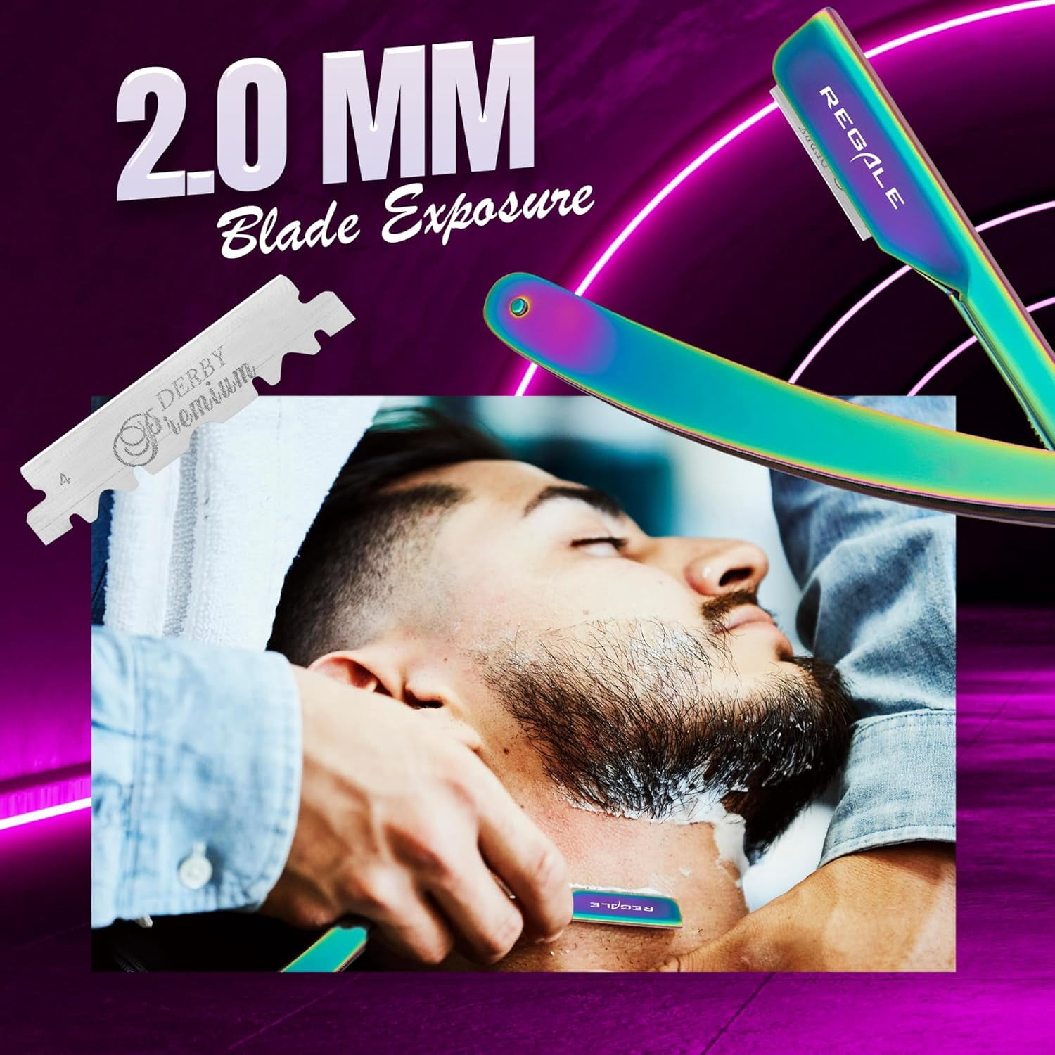Regale Barber Supply Rainbow Holographic Straight Edge Razor, Multi Titanium Hitachi Quality Blade Razor For Shave
