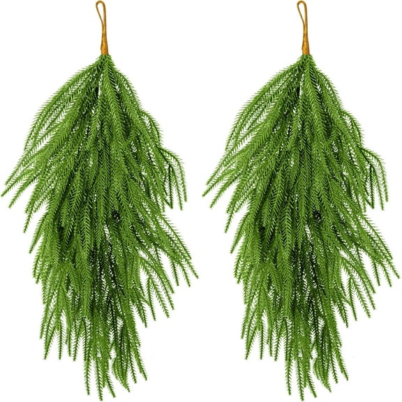 2 Pcs Artificial Christmas Teardrop Swag, 28" Faux Pine Needles Teardrop Door Swag, Christmas Norfolk Greenery Teardrop Wreath for Xmas Holiday Door Table Mantle Fireplace Indoor Outdoor Decor