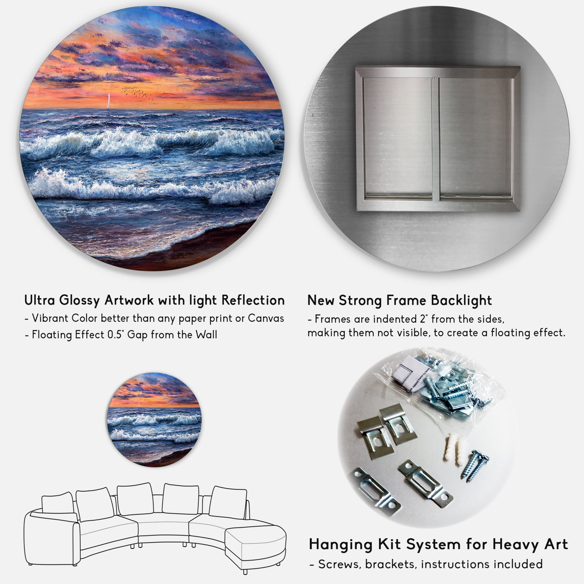 Designart 'The Blue Ocean In Sunset Evening II' Nautical & Coastal Circle Metal Wall Art 36x36 - Disc of 36