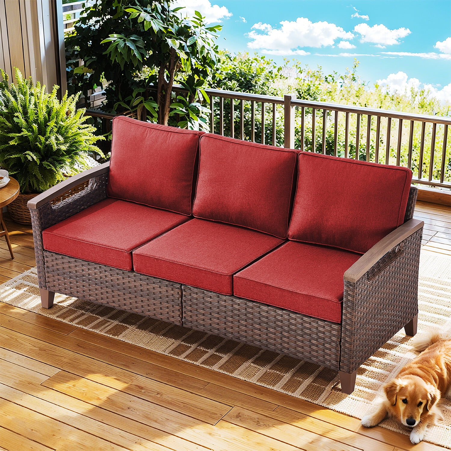 Bellefurn Wicker Patio Sofa Outdoor Couch,Patio 3 Seater Sofa Outdoor Rattan Furniture Sofa with Non-Slip Thick Cushions for Outdoor,Garden,Lawn,Backyard