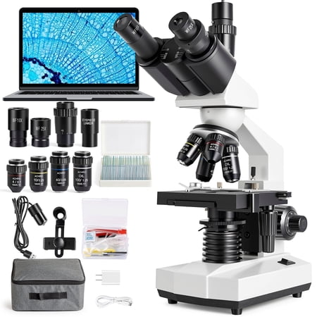 Herwicm Trinocular Compound Microscope for Adults, 40X-2500X Laboratory Grade Biological Microscope with HD Camera and Dual Mechanical Stage, Research Kit for Lab and Advanced Science Education