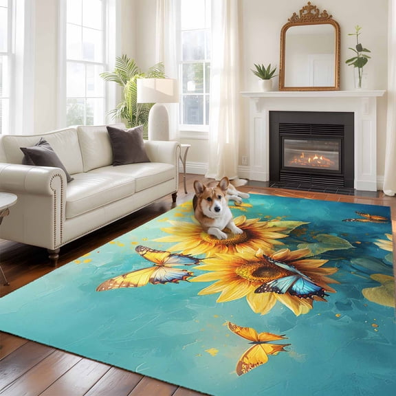 6'x9' Area Rugs, Yellow Sunflower Indoor Outdoor Area Rug for Living Room Bedroom, Spring Butterfly Teal Abstract Vintage Washable Bathroom Rugs Kitchen Floor Carpet Mats Home Decor Aesthetic