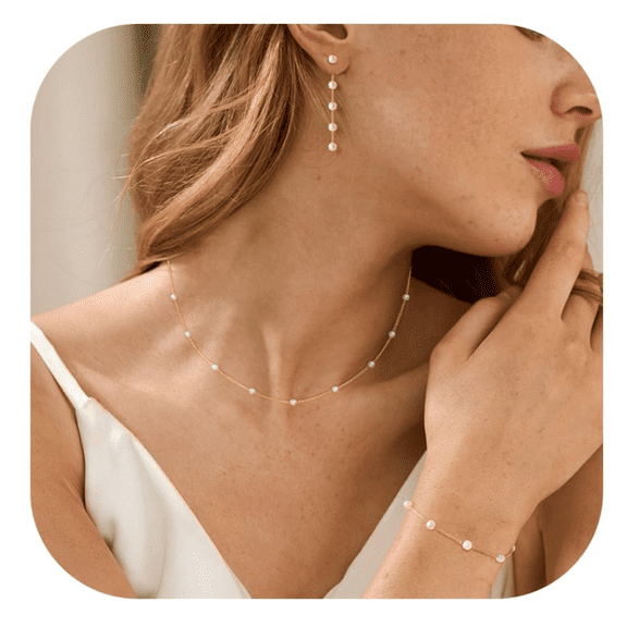 Gold Color Jewelry Set for Women, Dainty Gold Color Plated Pearl Necklace and Earring Set with Drop Earrings, Bracelets, Choker Necklace - Wedding Jewelry Gift