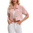 thumbnail image 2 of INSPIRE CHIC Women's Denim Cropped Short Sleeve Button Up Frayed Washed Jean Jacket S Pink, 2 of 6