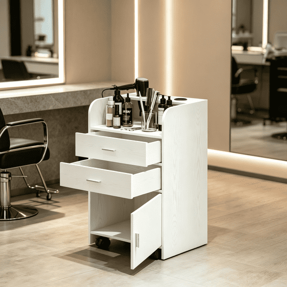 Catrimown Salon Station, Storage Cabinet with 2 Drawers & Large Cabinet, White