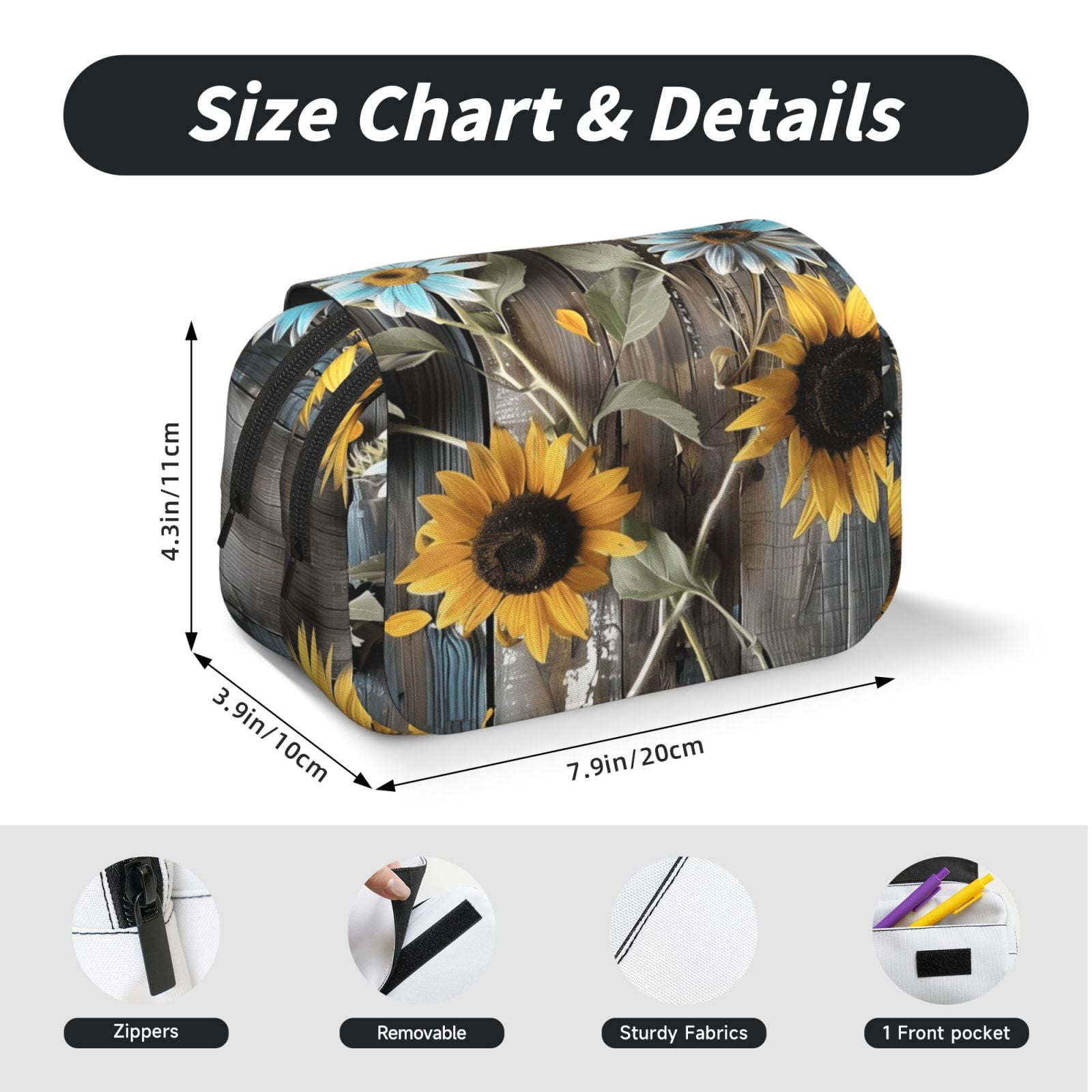 Large-Capacity Flip-Top Double-Layer Pencil Case, Multi-Functional Pocket Pen Case, Durable Stationery Organizer Turquoise Wood Farmhouse Sunflowers (1)