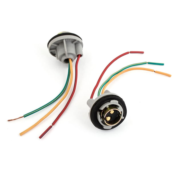 Unique Bargains Car 1157 Turn Signal Light Bulb Socket Wiring Harness, designed for automotive replacement parts. Includes two pre-wired sockets made of durable plastic and metal with black, gray, green, red, and yellow wires measuring 11cm in length. Suitable for cars, trucks, trailers, boats, caravans, and SUVs.