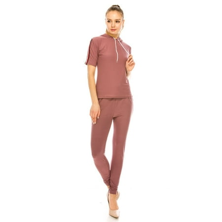 Super Comfy Hoodie Leggings Set for Women 3-Toned Side Stripes Soft Short Sleeves Casual Everyday
