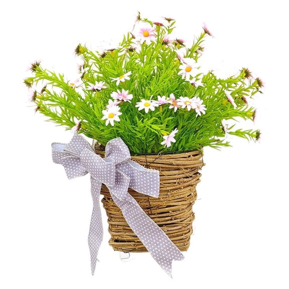 Faux Daisy Flower Basket,15" Wall Mount Flower Arrangement for Front Door,Artificial Flower Basket With Elegant Ribbons,Flower Wreath Home Door Mantel Hanging Decoration