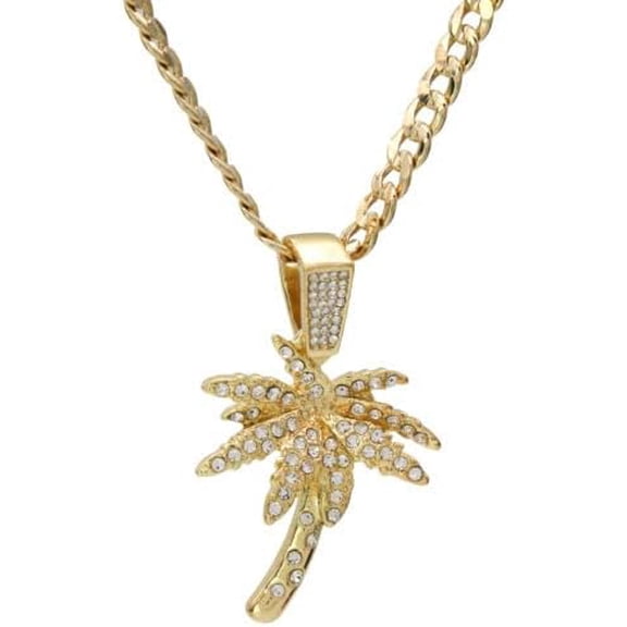 Hip Hop Jewelry Cubic Zirconia Gold Plated Coast Palm Tree Charm Pendant & 5mm 24" 14K Stamped Brass Cuban Chain Necklace Bling Set