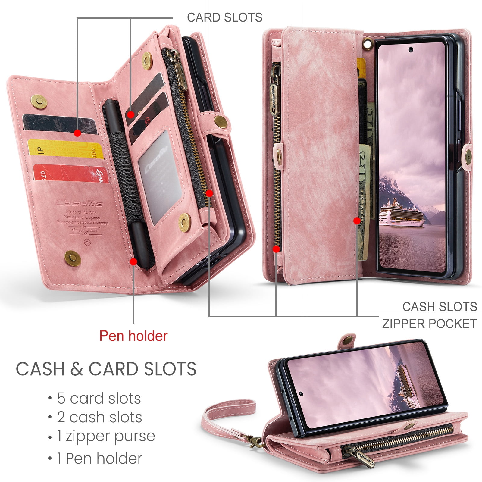 Feishell Durable 2- In-1 Magnetic Detachable Wallet Case for Samsung Galaxy Z Fold 7,for Women Men,Premium PU Leather Zipper Pocket Flip Multi Card Slots Purse Phone Case with Wrist Strap,Pink