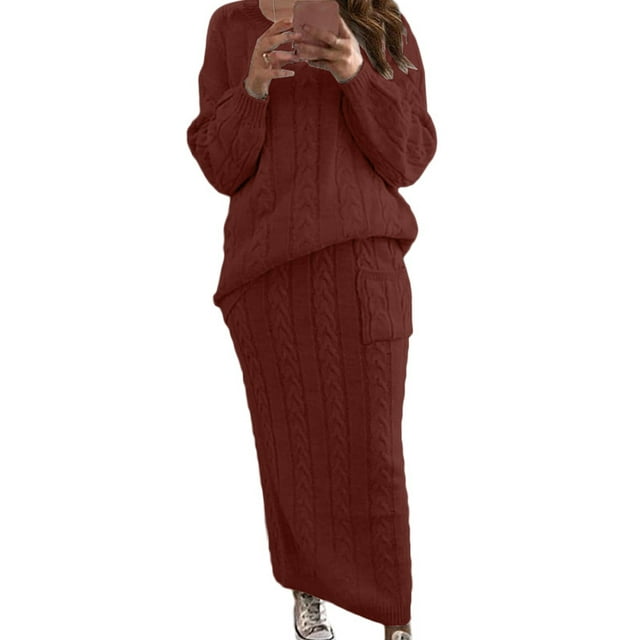 Fashnice Ensemble 2 Pcs pour Femmes Chandail en Tricot Torsadé Ensemble Jupe à Manches Longues Tenue Décontractée Quotidienne Rouge Vin m