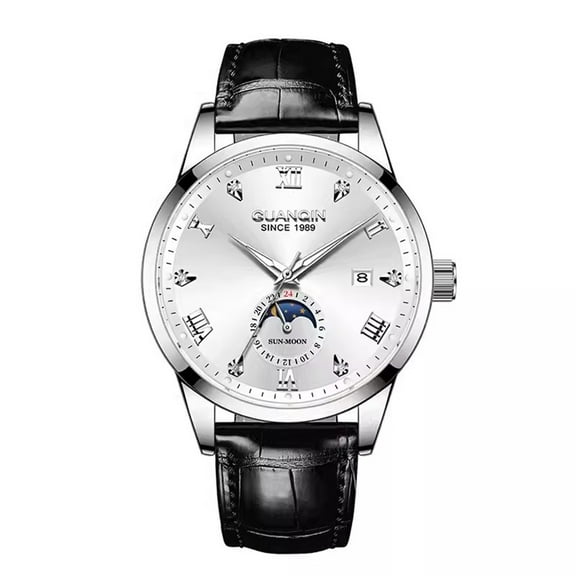 GUANQIN Men Calendar Moon Phase Vintage Multifunctional Wristwatch Analog Automatic Self-Winding Mechanical Wrist Watch Steel or Leather Band Sapphire Waterproof Business Clock