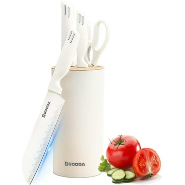 Knife Set for Kitchen, 5-Pieces White Cooking Knife Set with Storage Knife Holder, Sharp Stainless Steel Knife Block Set for Cutting Slicing Dicing Chopping (White)