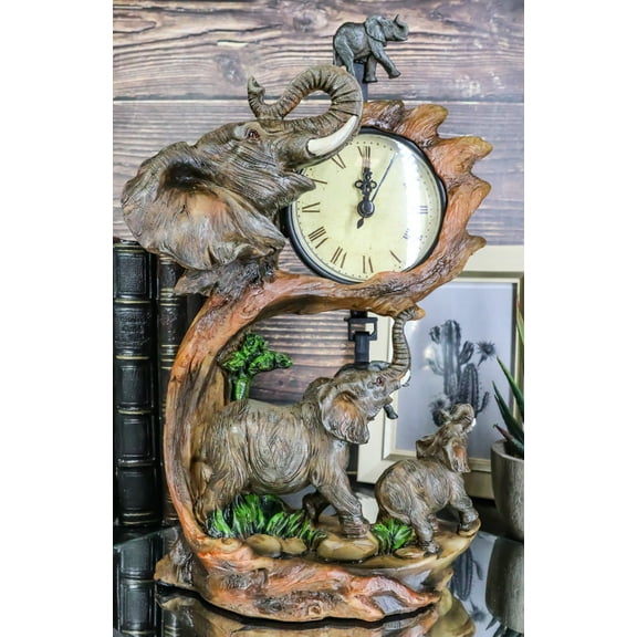Ebros Elephant Father and Calf Family Table Clock with Pendulum 10.5" Height