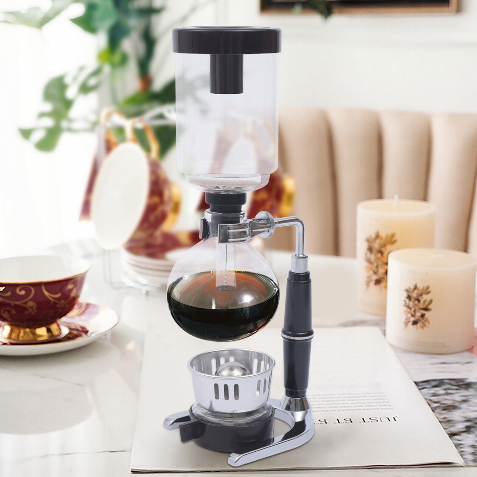 Vintage Siphon Coffee Maker with Alcohol Lamp, Large-Diameter Pot, Anti-Scalding Handle, Stainless Steel Base, Ideal for Home & Café Use