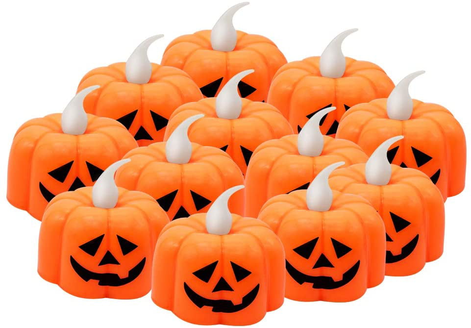 Pumpkin Flameless Tea Light Candles Realistic LED TeaLight Warm White Battery Operated Flickering Ghost Face Candles Fall Halloween Thanksgivings Indoor Home Decor 12 PCS