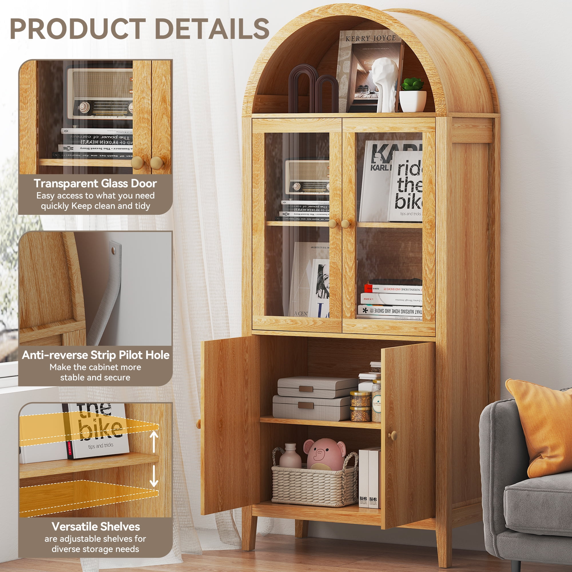 Eunon Tall Arched Pantry Storage Display Cabinet,Arched Storage Cabinet With Doors Retro Oak