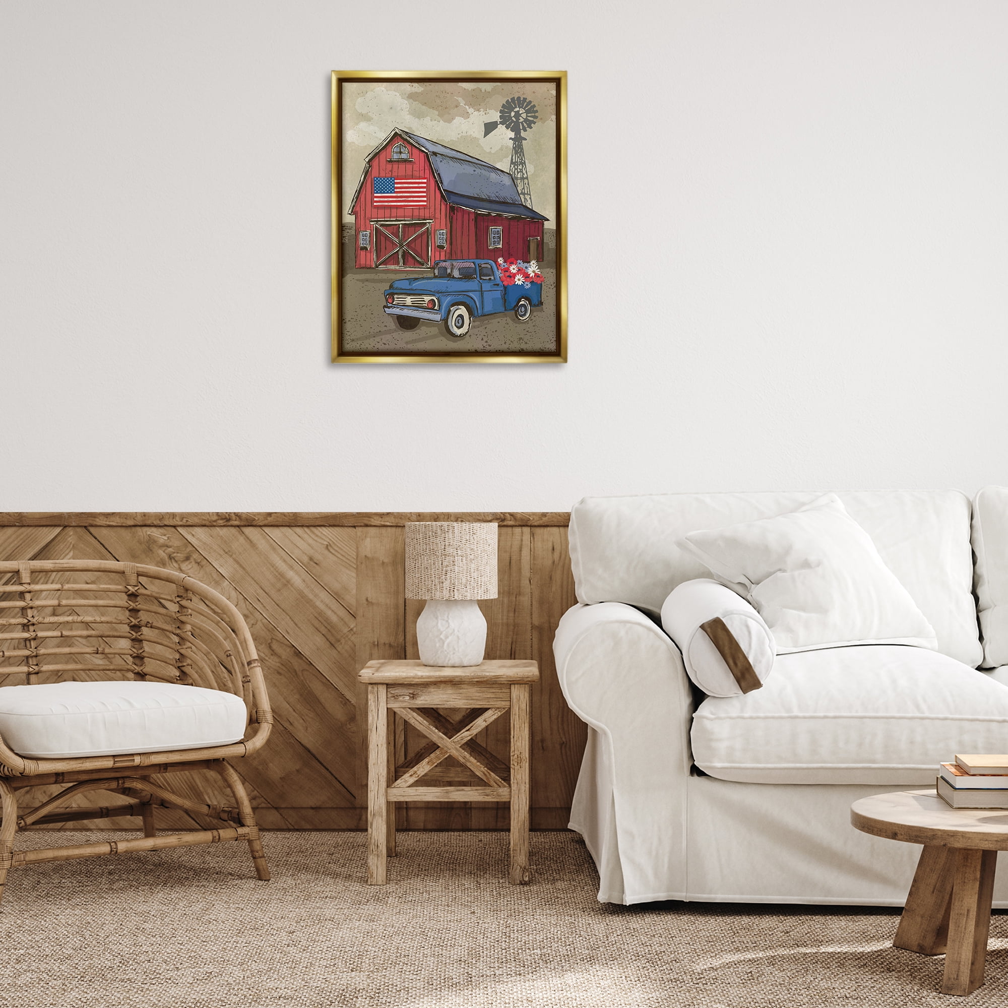 Stupell Industries Vintage Americana Barn Patriotic Painting Gold Floater Framed Canvas Art Print Wall Art, 25 x 31