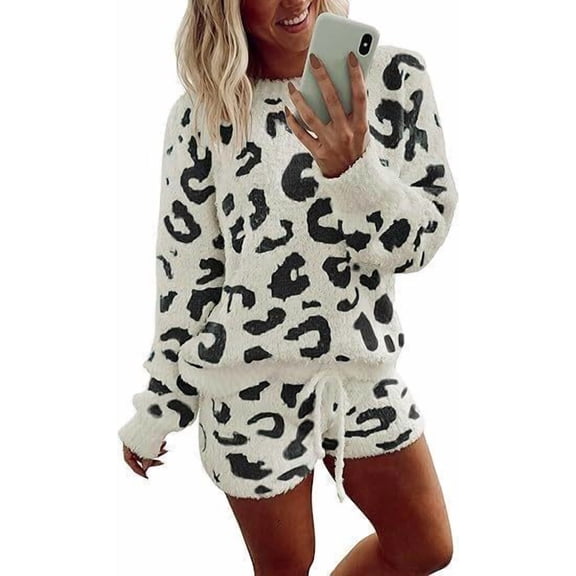 Ekouaer Fuzzy Fleece Pajamas 2 Piece Warm Soft Lounge Set Long Sleeve Sweater Top and Shorts Loungewear Outfits Sweatsuits