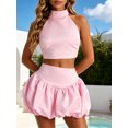 thumbnail image 4 of LMLYSoH Women 2 Piece Skirt Outfits Back Bow Halter Neck Sleeveless Tops and High Rise Mini Puff Skirt for Party Club, 4 of 9