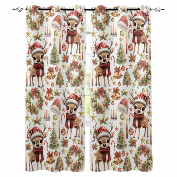 Hokiten Christmas Blackout Curtains | Light Blocking Print Window Curtains, Elk Xmas Tree Wreath Balls Bell Thermal Insulated Window Drapes for Living Room Kitchen Cafe (2 Panels, 84"W x 63"L)