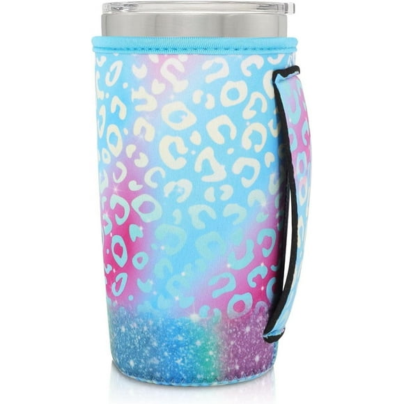 SHILIU-Neoprene Insulated Sleeves Cup Holder with Handle for 20oz Tumbler Cups, Reusable Iced Coffee Sleeve Compatible with Starbucks Trenta, Dunkin Large, more(Iridescent Leopard)