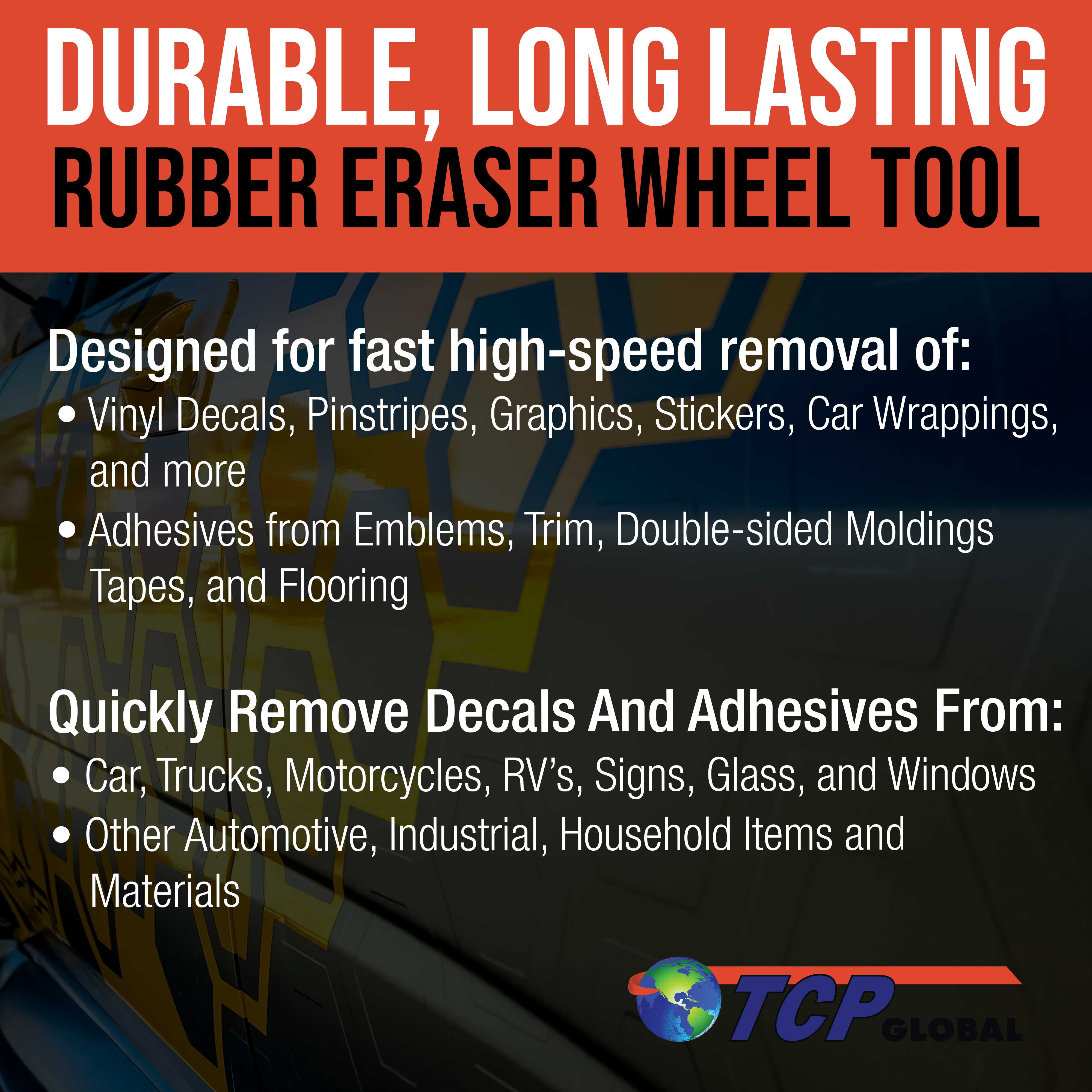 TCP Global Rubber Eraser Wheel, 3.5” Knobby Slotted Edge Pad with Drill Adapter - Adhesive Remover Tool, Removes Decals, Pinstripes, Stripes, Vinyl, Stickers, Graphics Removal
