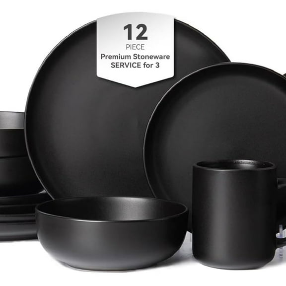 12-Piece Matte Black Dinnerware Set,Stoneware Dinnerware for 4, Microwave & Dishwasher Safe, Stackable Design for Kitchen and Dining - Plates and Bowls