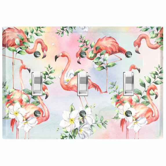 Metal Light Switch Plate Outlet Cover Tropical Pink Flamingo Flowers Rainbow FGO003