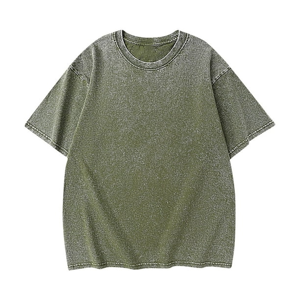 Camisas Elvqul de Hombre Algodón Playa Verde del Ejército sin Estampado Manga Corta Cuello Redondo
